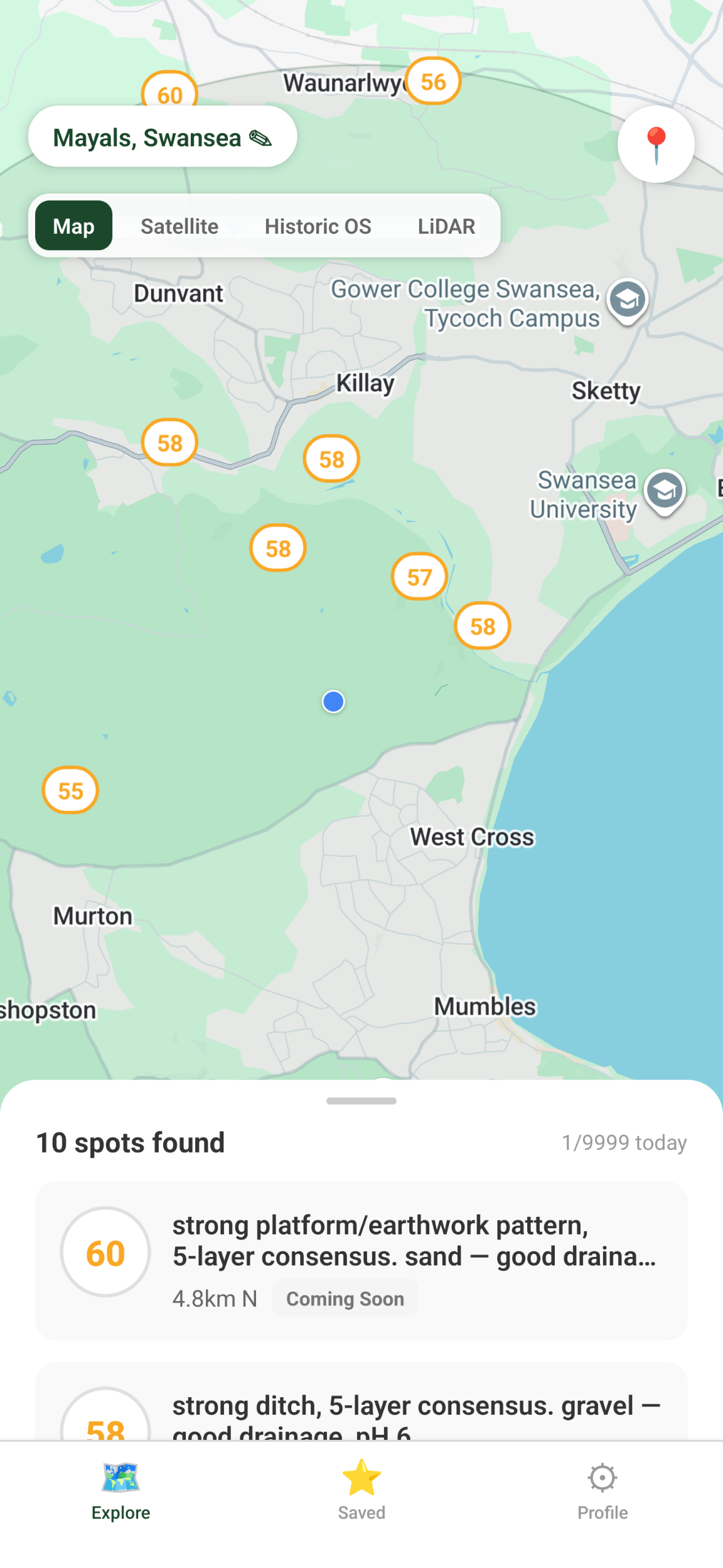 RelicRoute explore view with Historic OS map overlay and recommended spots