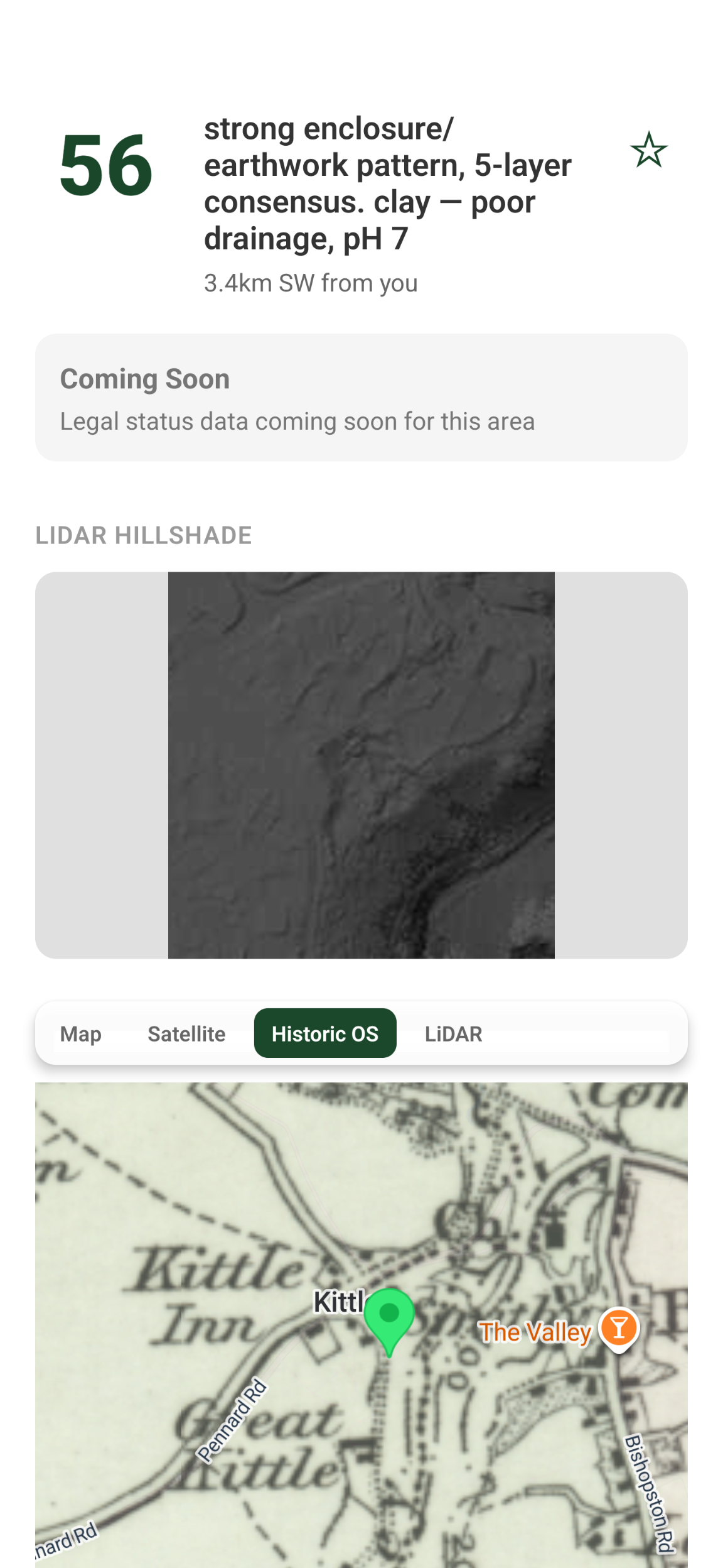 RelicRoute spot detail showing LiDAR hillshade and historic map data